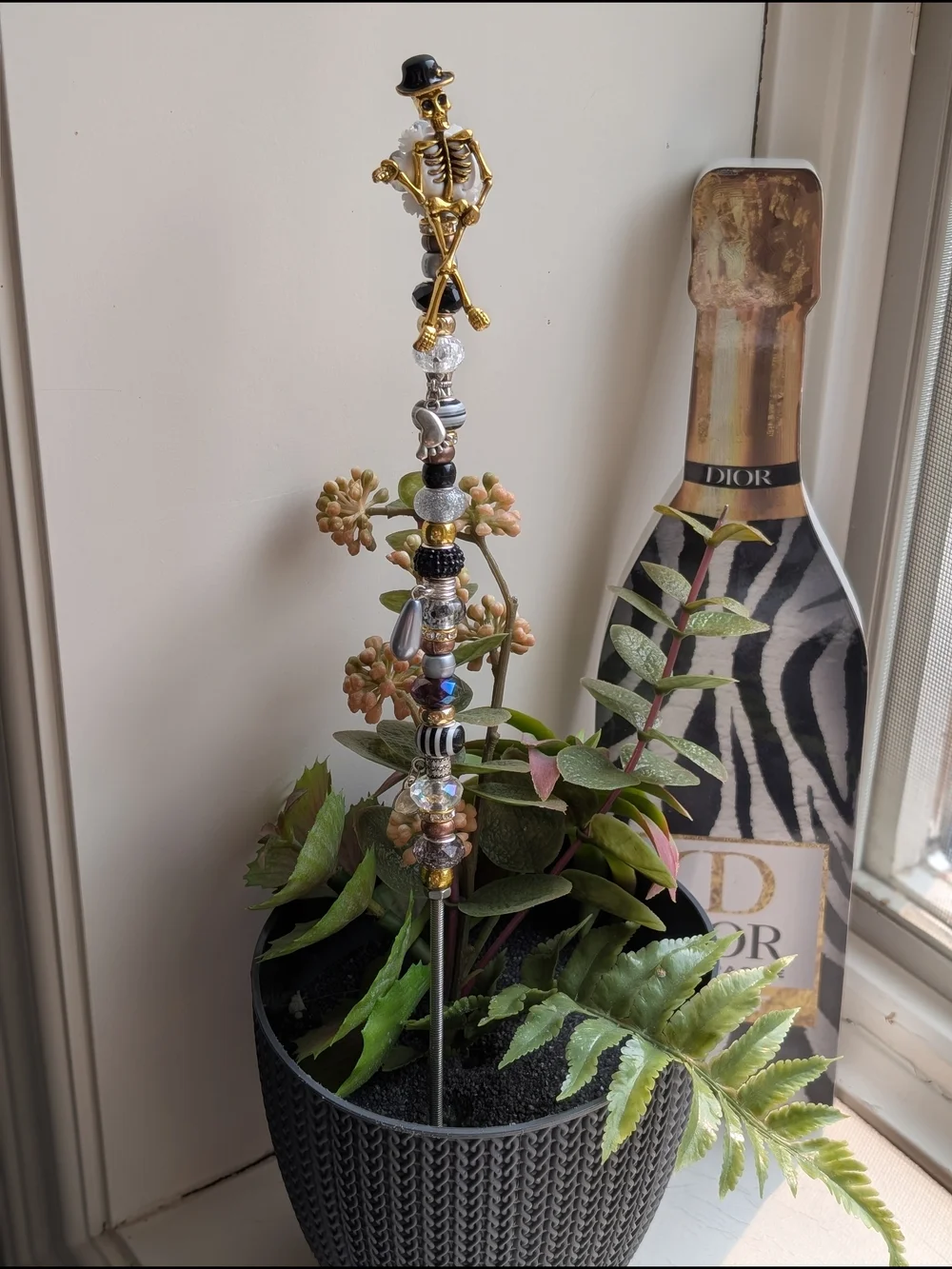 Hand Crafted Beaded Fairy Wand/Plant/Garden Stake W/Gold Blingy Skeleton Topper